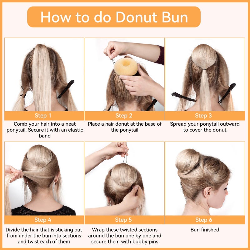 YaFex Hair Bun Maker Set, 3 Pieces (Small, Medium, Large), 6 Hair Elastics, 1 Bag Hairpins, Blonde, Nylon - Image 2